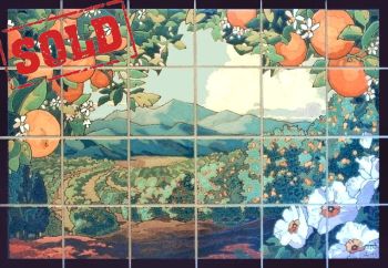 Inspired by the early California fruit crate labels.  The large oranges frame the scene as if curtains for a stage.  Also called the "You Are Here" Mural.  This mural is copyright property of RTK Studios