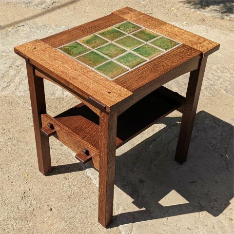 Rusty Green Field tiles set into Quarter Sawn Oak Table