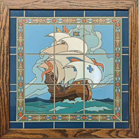 Mounted Galleon with Borders and Oak Frame