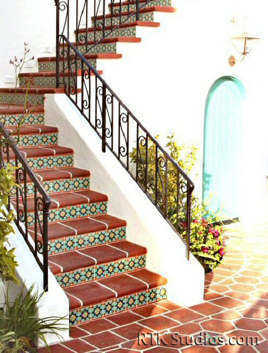 Stair Risers with "Estrella" dot and Orange Field Tile Liners | RTK Studios